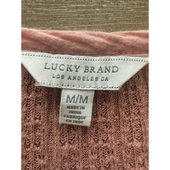 Lucky Brand Blouse Size M Pink Henley V-Neck Pleated Lace Romantic Boho Peasant - Picture 5 of 12